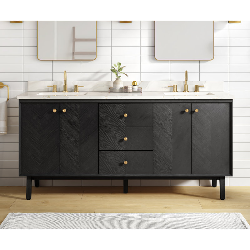 Adele 72" Free Standing Double Bathroom Vanity with Quartz Top, Black, Gold
