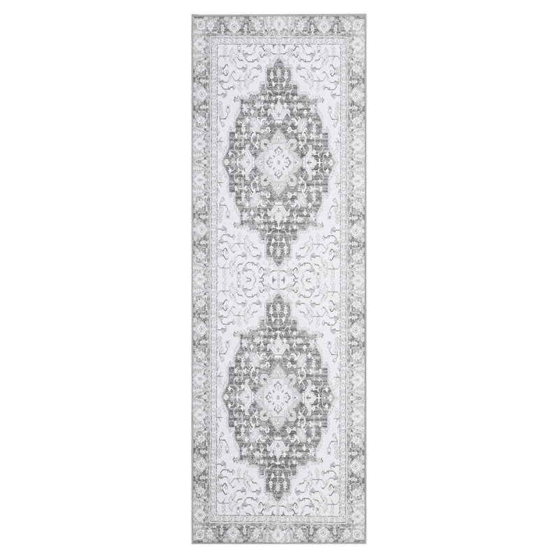 Washable Boho Vintage Distressed Runner Rug, Low Pile Non Slip Foldable Printed Indoor Carpet, Belgian Velvet, Light Gray Tone, 2'x6'