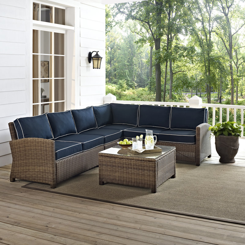 Ensemble de conversation modulaire avec coussins Leandra, Structure brune / coussin bleu marine