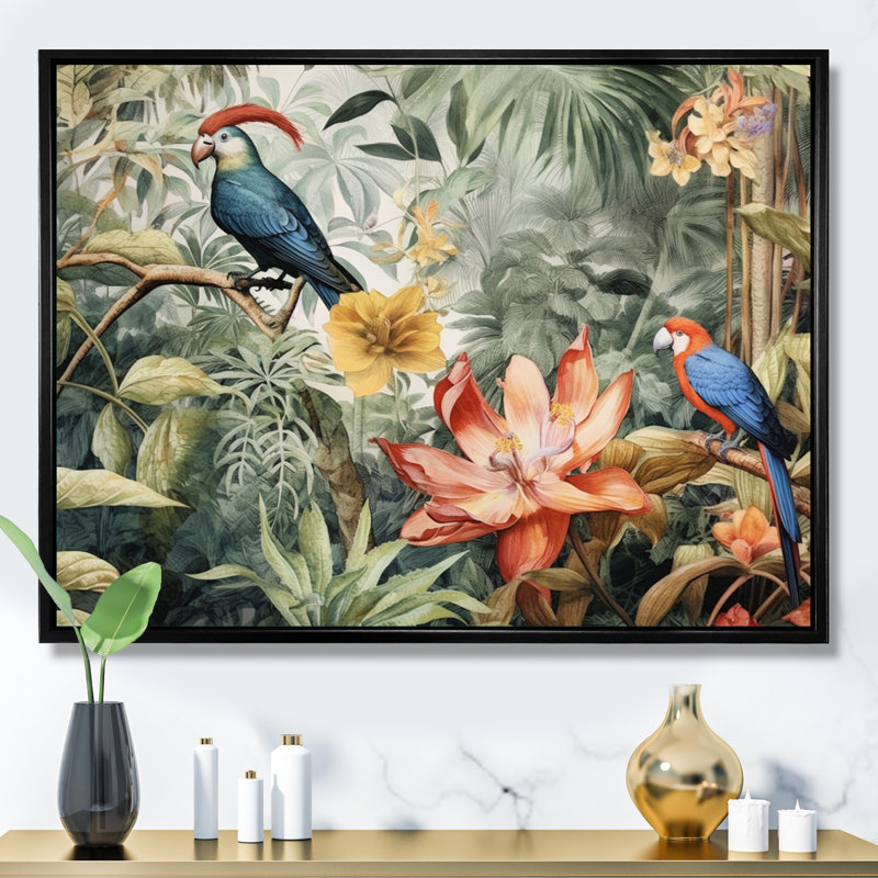 Perroquet au paradis II - Art encadré, Cadre flottant noir, H 16 po x l 32 po x P 1 po