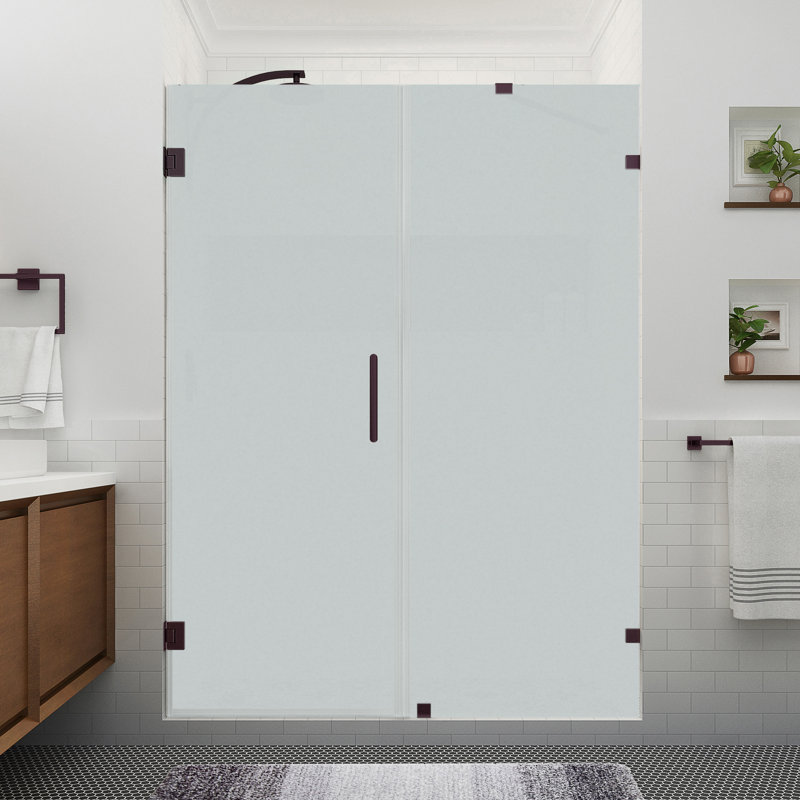 Nautis XL 65.25 to 66.25 in. W x 80 in. H Hinged Frameless Shower Door W/ Ultra-Bright Frosted Glass, Bronze