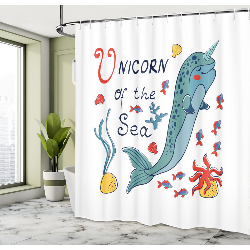 East Urban Home Narwhal Shower Curtain Colorful Swimming Whale Multicolor, 70"H x 69"W