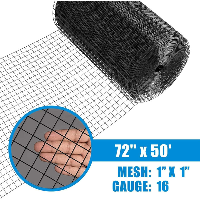 Fencer Wire 16 Gauge Black Vinyl Coated Welded Fence Mesh Roll with 1-Inch Grid, Multiple Sizes, 6 ft. H x 50 ft. W