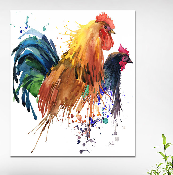 «Chicken and Rooster», reproduction de peinture à l'aquarelle sur toile tendue, H 40 po x l 30 po x P 1,5 po
