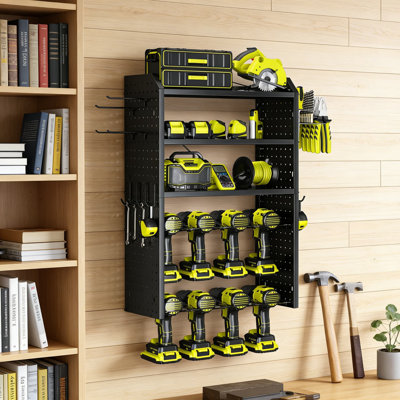 Wall-Mounted Power Tool Organizer With Adjustable Shelves And Pegboards For Garage Storage