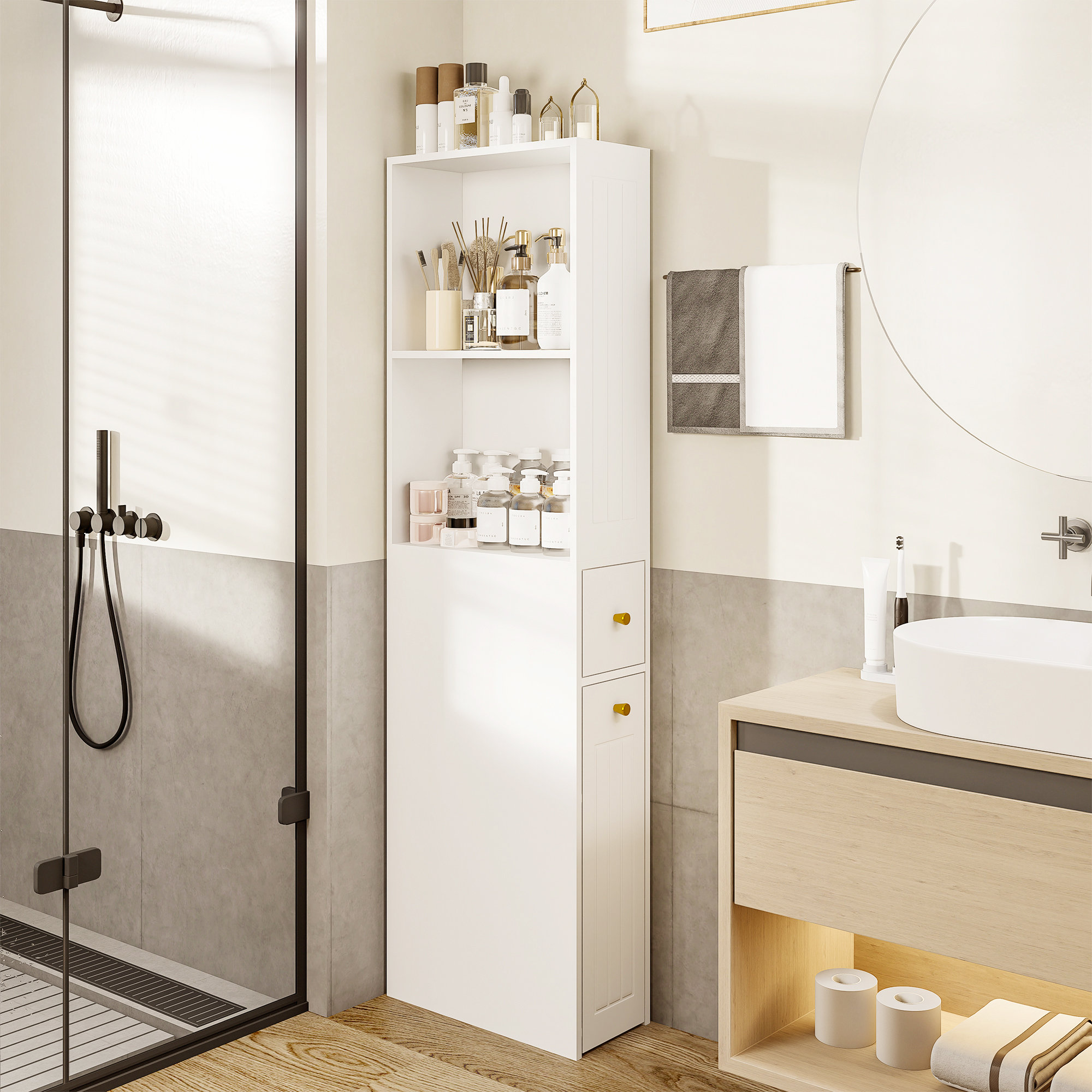 Ebern Designs Mariette Freestanding Tall White Bathroom Cabinets with ...