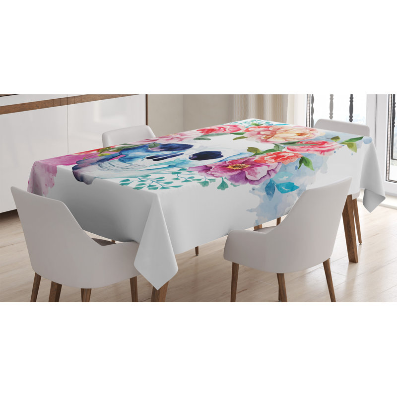 Skull Tablecloth, Funny Skull With Colorful Floral Head Victorian Style Dead Skeleton Graphic Art Print, Rectangular Table Cover For Dining Room Kitchen Decor, 52" X 70", Multicolor