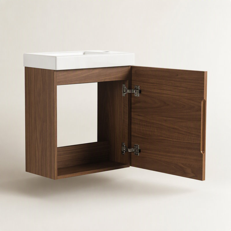 Meuble-lavabo mural 18,5 po avec lavabo en résine, porte simple à fermeture douce, panneau de fibres à densité moyenne, noyer (emballage KD)