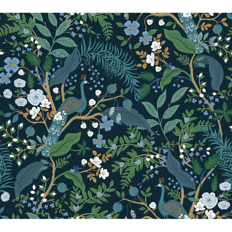 Peacock Garden Navy Peel and Stick Wallpaper, Blue