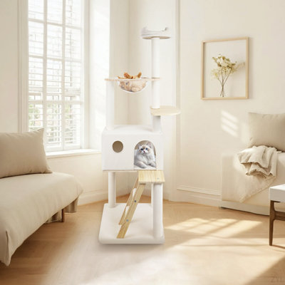 Arbre à chat en bois avec grande échelle en bois et vaisseau transparent 165 cm