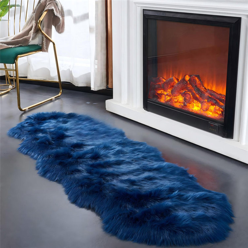 Ultra Soft Fluffy Shaggy Area Rug Faux Fur Sheepskin Rug 2X6 Ft For Bedroom Living Room Sofa – Dark Blue, Blue