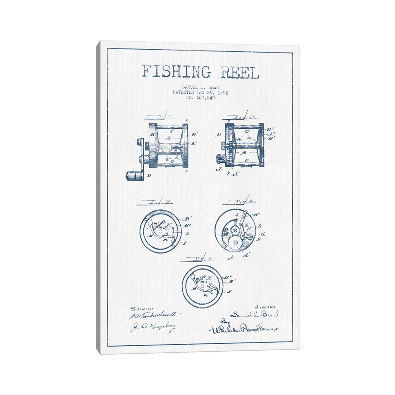 Samuel L. Bean Fishing Reel Patent Sketch (Ink) by Aged Pixel - Wrapped Canvas Print, 66.04 cm H x 45.72 cm W x 1.91 cm D