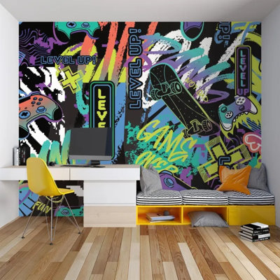 Neon Graffiti Gaming Street Art Level Up Wallpaper