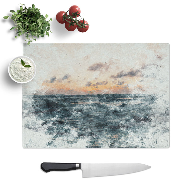 Tempered Glass Ocean Beneath a Peach Sky Chopping Board, 28.5 cm x 39 cm