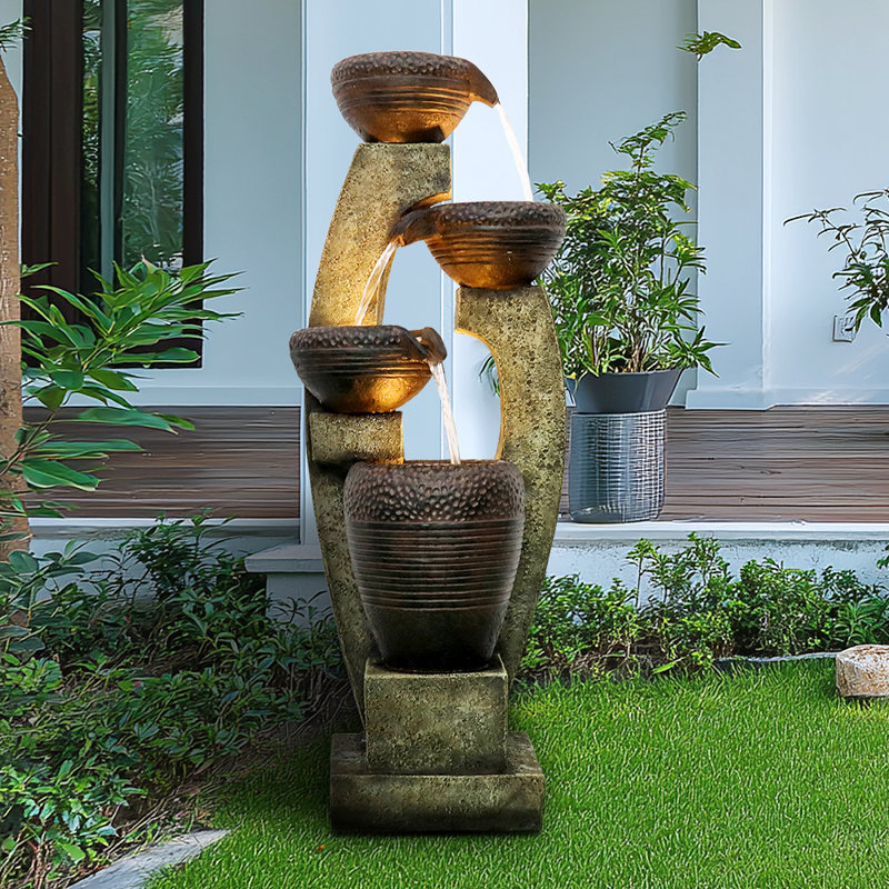 Fountains | 40" Modern 4-Tier, LED Lights, for Garden Patio Porch Indoor, Walnut Brown Slate Gray | Tiered Fountain | Resin