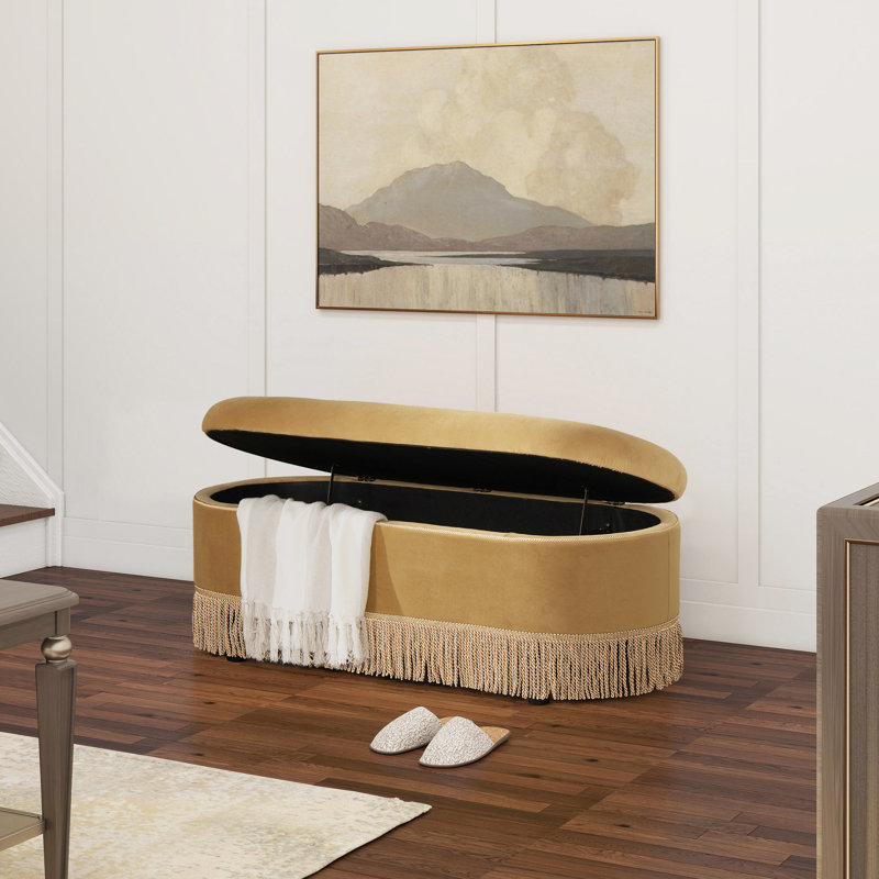Oval Tufted Bullion Fringe Storage Bench, Gold Velvet