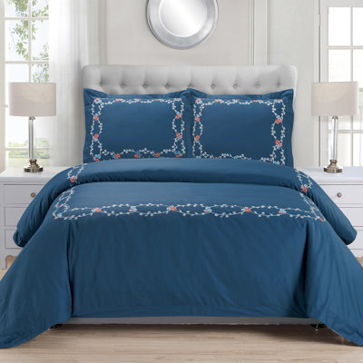 Blue Helena 3-Piece Cotton Duvet Cover Set – Embroidered Floral, Soft & Breathable