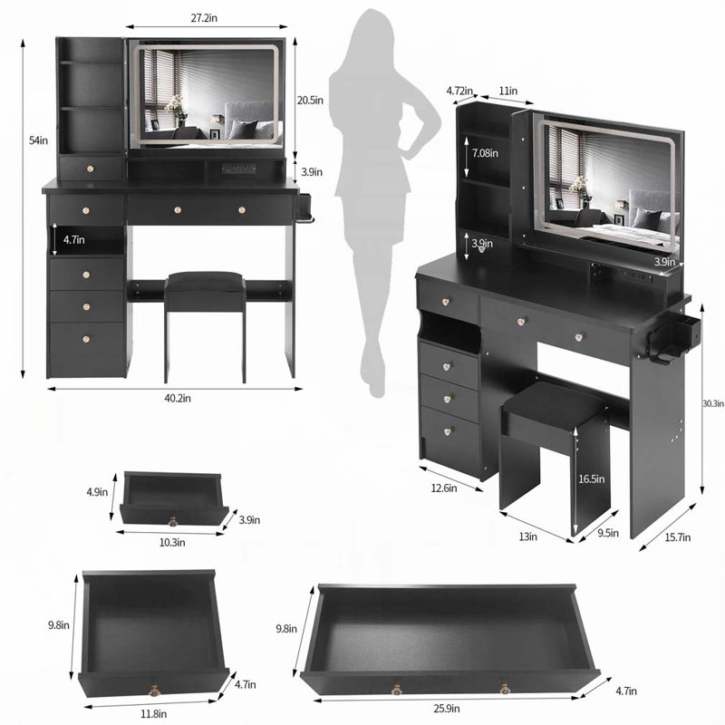 41" Large Size Left Drawer Desktop Vanity Table+Cushioned Stool Dresser Set, 2 AC+2 USB Power Station, Hair Dryer Stand, Extra Large Touch Control LED Mirror, 3-color Switch, EPA, GCC, UL Certificate