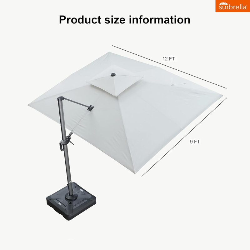 Parasol carré large et robuste 9 pi x 12 pi, toile supérieure, tissu de qualité supérieure, avec base, blanc, Toile naturel