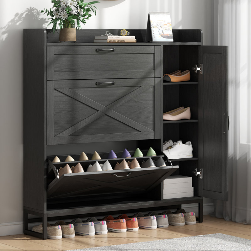 Shoe Storage Cabinet with 2 Flip Drawers, Shoe Organizer Rack with Adjustable Side Cabinet, Black
