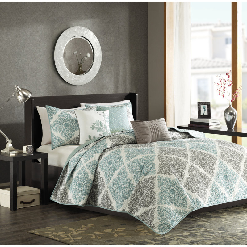 Aqua Reversible Quilt Set With Embroidered Pillows