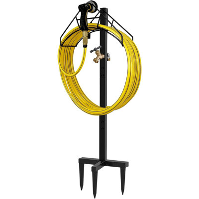 Didadi Heavy Duty Metal Water Hose Reel Storage Stake Rack For Backyard, Freestanding Outdoor Garden Hose Holder Stand With Brass Faucet, Black (hose Not Included)