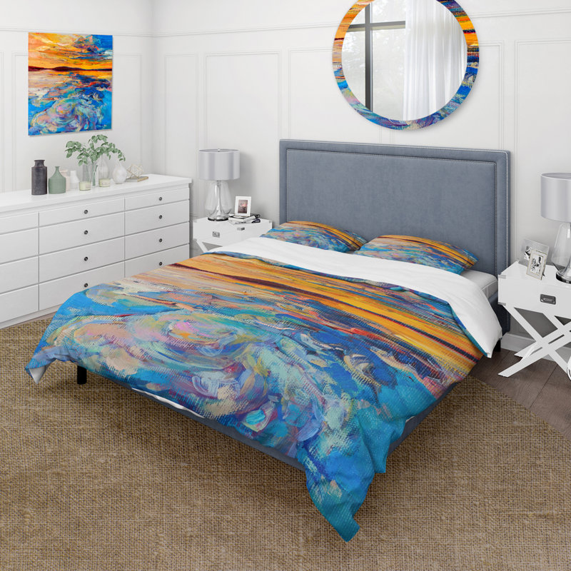 Orange Sunset Over Whirly Blue Waves - Ensemble de housse de couette nautique et côtier - Polyester en microfibre