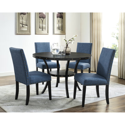 5 chaises de salle à manger, tissu bleu avec garniture cloutée, base de table ronde en métal et aspect bois, mobilier de chambre pour 4 sièges, chaises de revêtement en coton et lin, plateau en bois avec pieds, 4 revêtement