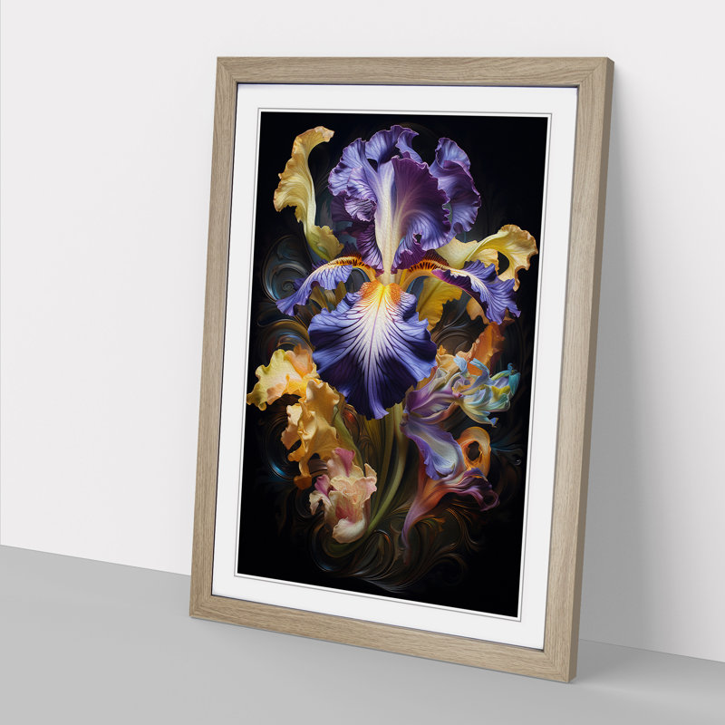 Iris Flower Baroque No.2 - Single Picture Frame Print on Wood, Oak Framed, 34cm H x 25cm W x 2cm D