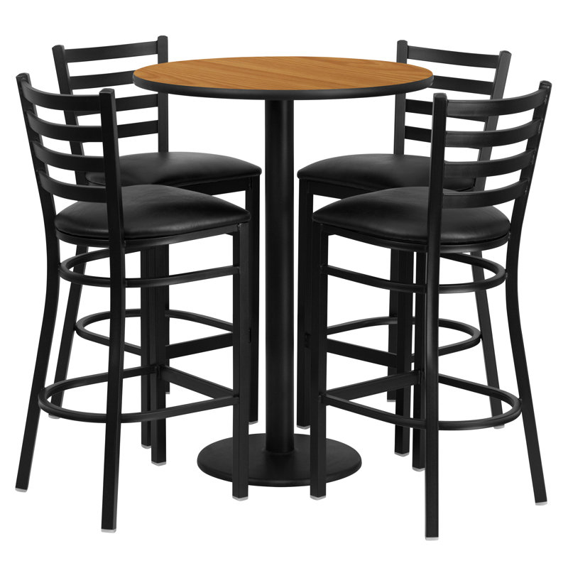 Aniket 30'' Round Laminate Table Set with Round Base and 4 Ladder Back Metal Barstools, Natural, Black Faux Leather