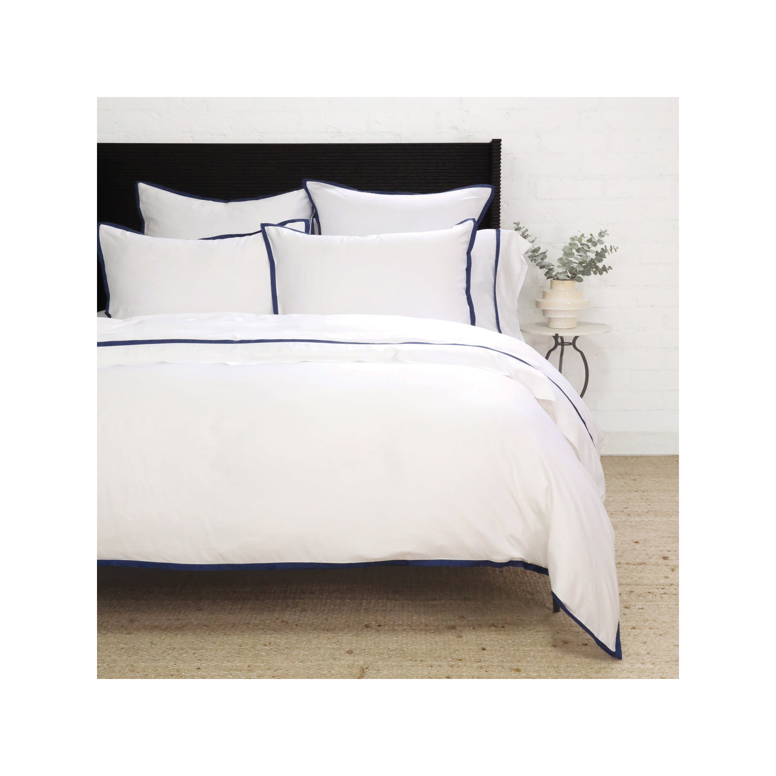 Langston Rayon Duvet Cover Set, White/Navy, Queen Duvet Cover + 2 Standard Shams
