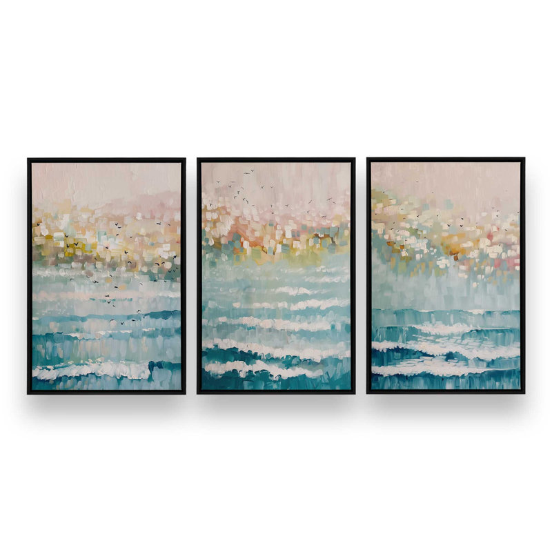 Ensemble de 3 impressions Seaside Sunrise Drift, Cadre flottant noir satiné, 36 po x 24 po