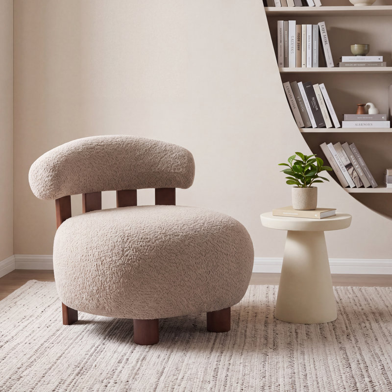 Zavier Boucle Upholstered Accent Chair With Wooden Legs, Light Brown