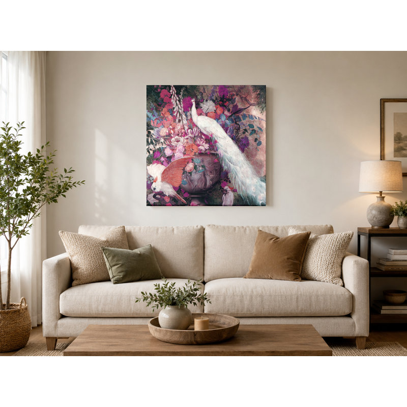Paon blanc et cacatoès - art mural carré sur toile, 32" W x 32" H
