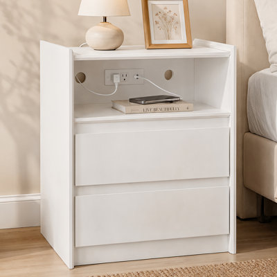 Table de chevet moderne blanche / noire avec station de charge, 2 tiroirs et tablette ouverte