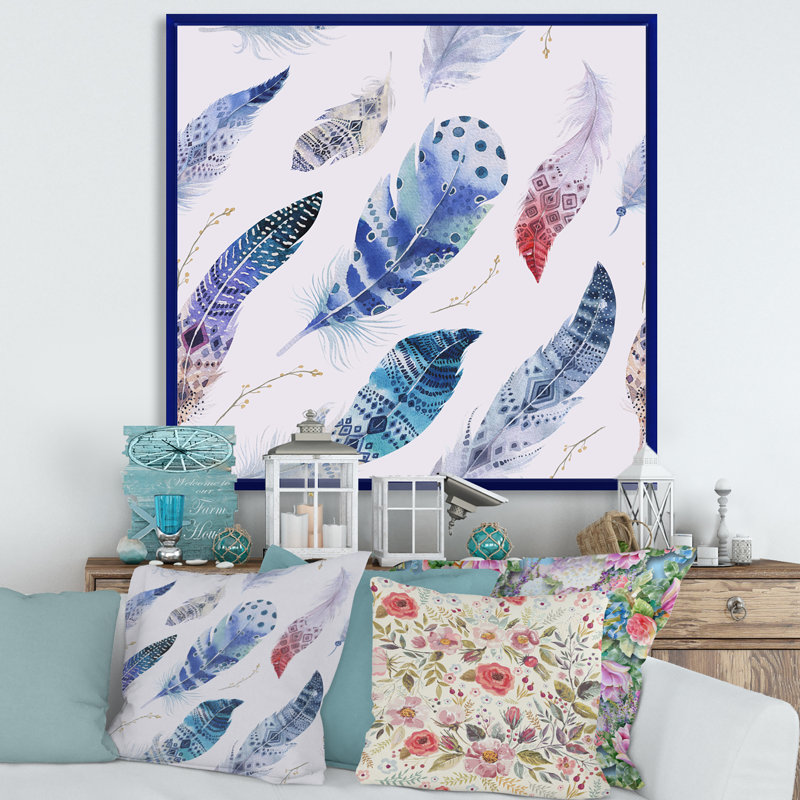 «Elegant Blue Boho Feathers», impression sur toile, H 16 po x l 16 po x P 1 po, Encadrement bleu