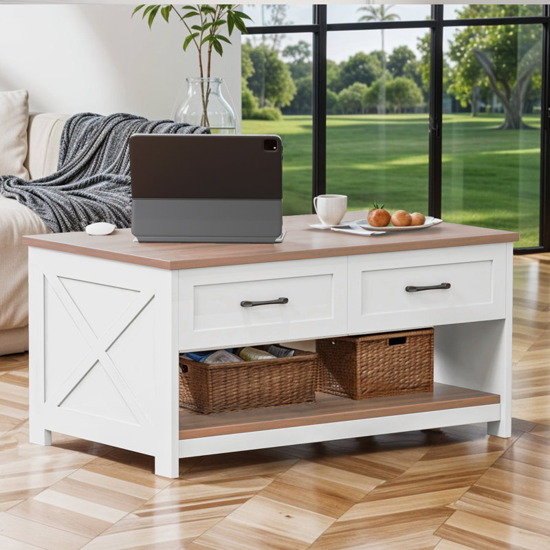 38" Multifunction Farmhouse Coffee Table Board Game Table with Removable Tabletop and Charging Station, Brown Top/White Base