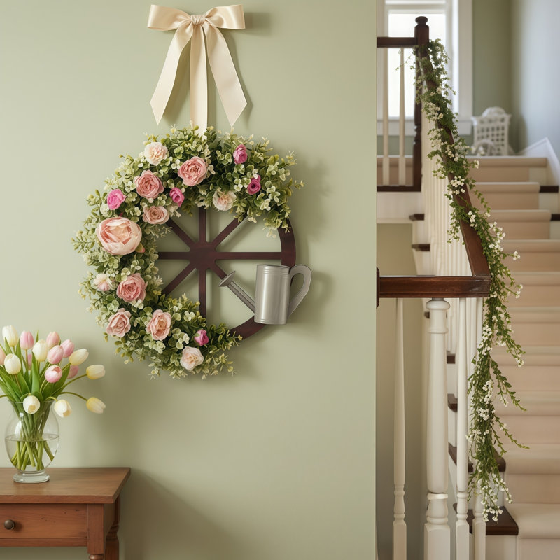 19.6 Inch Artificial Wreath Spring Peony Wreath Wheel Wreath Front Door Decoration Garden Wedding Wreath