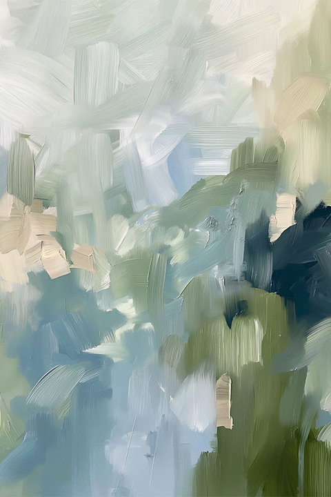 Abstract oil painting featuring textured brushstrokes in a palette of sage green, navy blue, and cream.