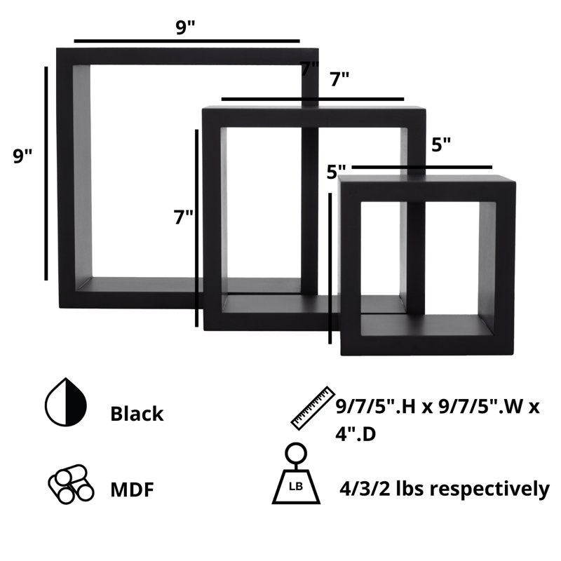 Tablette décorative carré 3 pièces Golo, Noir