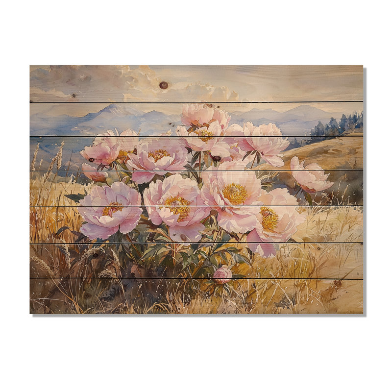 Mountain Meadow Peonies II - Peonies Wood Wall Decor - On Natural Pine Wood, 10" H x 20" W x 0.78" D