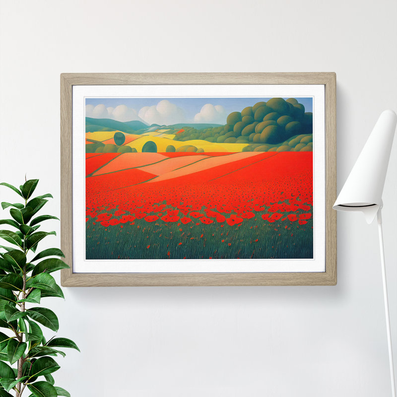 Awesome Poppy Field Flowers - Framed Print, 25cm H x 34cm W x 2cm D, Oak
