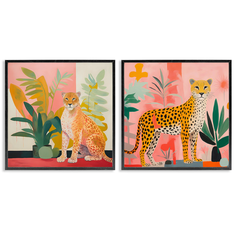 «Jaguar Leopard Pots Palms» par PC, Giclée encadrée noir minuit, H 17 po x l 17 po
