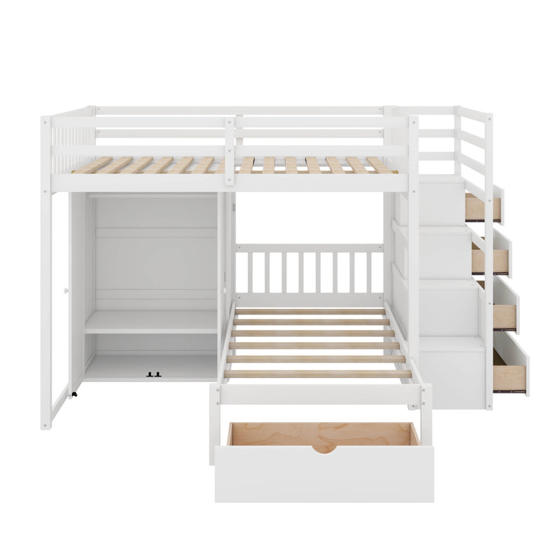 Lit superposé double au-dessus de simple avec garde-robe et tiroirs, Blanc
