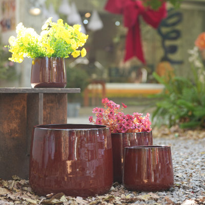 Handmade Ceramic Flower Pot , /, Deep Red Speckled Glaze for All Flowers, Indoor/Outdoor Use on Windowsill & Bookshelf, Breathable, 7" x 9" x 11", Ceramic, 4-Piece Set, Red, Handmade, Breathable