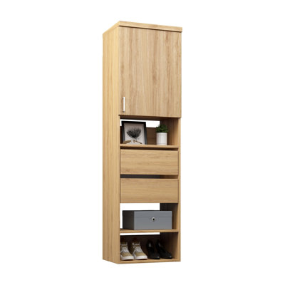 Natural Oak 19.5" Wall-Mounted Closet Section with Slab Doors, 6 Shelves & 2 Reveal Drawers