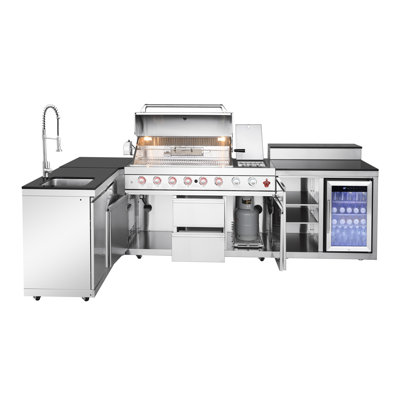 Îlot de cuisine en acier inoxydable pour barbecue au gaz à 6 brûleurs 99000 avec évier, rangement à double porte, réfrigérateur, armoire à trois niveaux, brûleurs puissants, plateau de réservoir de propane escamotable, conception modulaire pour
