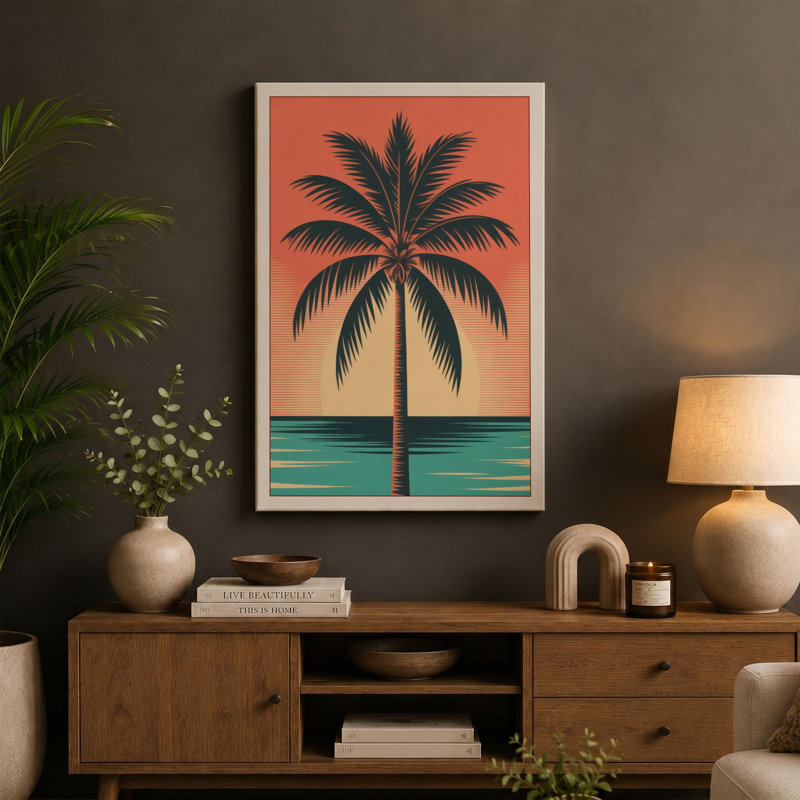 Palm Silhouette Tropical - Wrapped Canvas, 24x16 - 61.0 x 40.6 cm, Terracotta Border