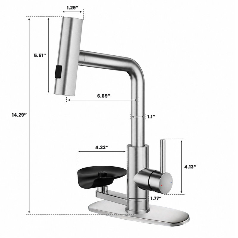 Robinet de cuisine rétractable à poignée simple avec pulvérisateur 3 modes et rince-verre, Nickel brossé