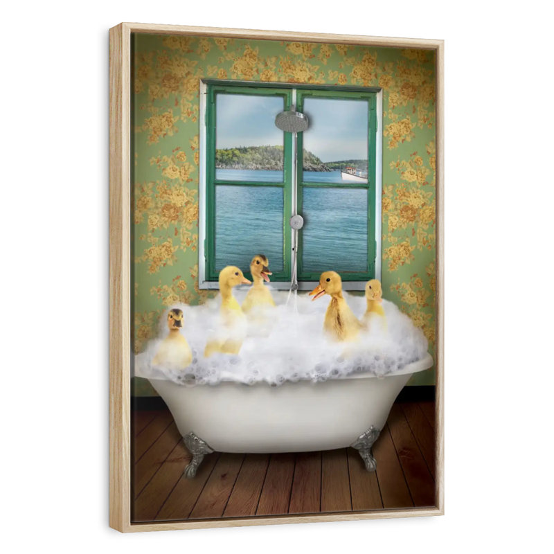 Ducks In Bath Tub, Floating Frame Natural Wood, 27" x 40"